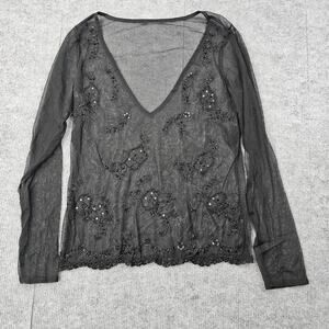Beaded Sheer Mesh Shirt Womens Medium Black Whimsigoth Dark Romantic Layering